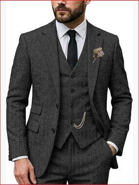 3 Piece Men's Suit Wool Tweed Herringbone Jacket Vest Pants Regular Fit